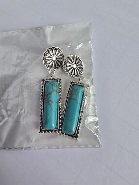 Faux Turquoise Rectangular Drop Earrings  Silver Floral Studs Costume Jewelry